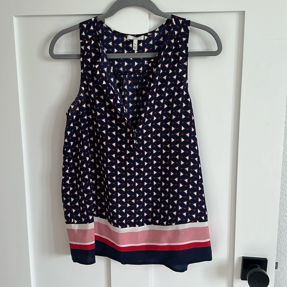 Joie Women's M Sleeveless 100% Silk Blouse Blue Red Triangle Print Stripe Twee
